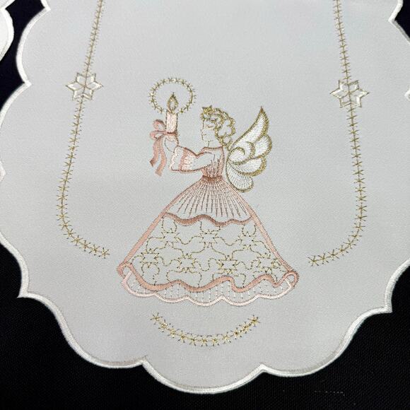 Set 2 German Embroidered Christmas Angels Table Runners 11x22 Pink Gold Thread - Picture 3 of 6
